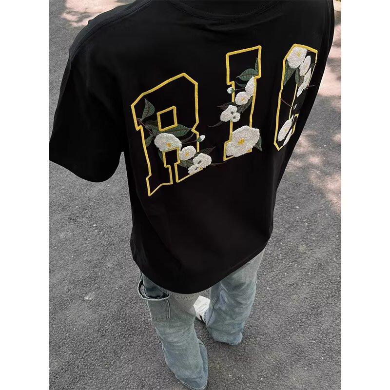 Áo Thun Thêu Khăn Hoa Trà Cho Nam, Áo ngắn Tay Thời Trang Đường Phố Cổ Điển Mỹ, Áo Sơ Mi Cotton Cổ Điển Cleanfit, Thiết Kế Họa Tiết 3D