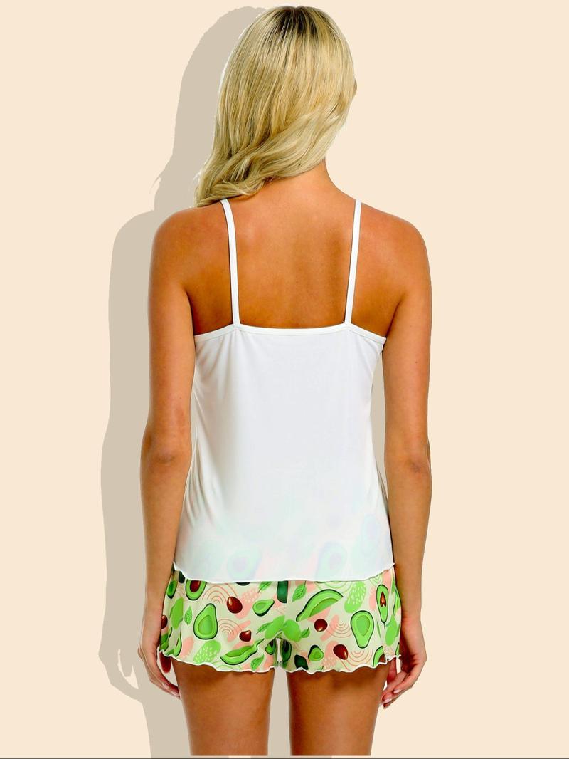 Product Introduction of Women's Avocado Print Cami Top & Shorts Pajama Two-piece Set, Casual Comfortable Loungewear Set for Women, Ladies Sleepwear for All Seasons 2