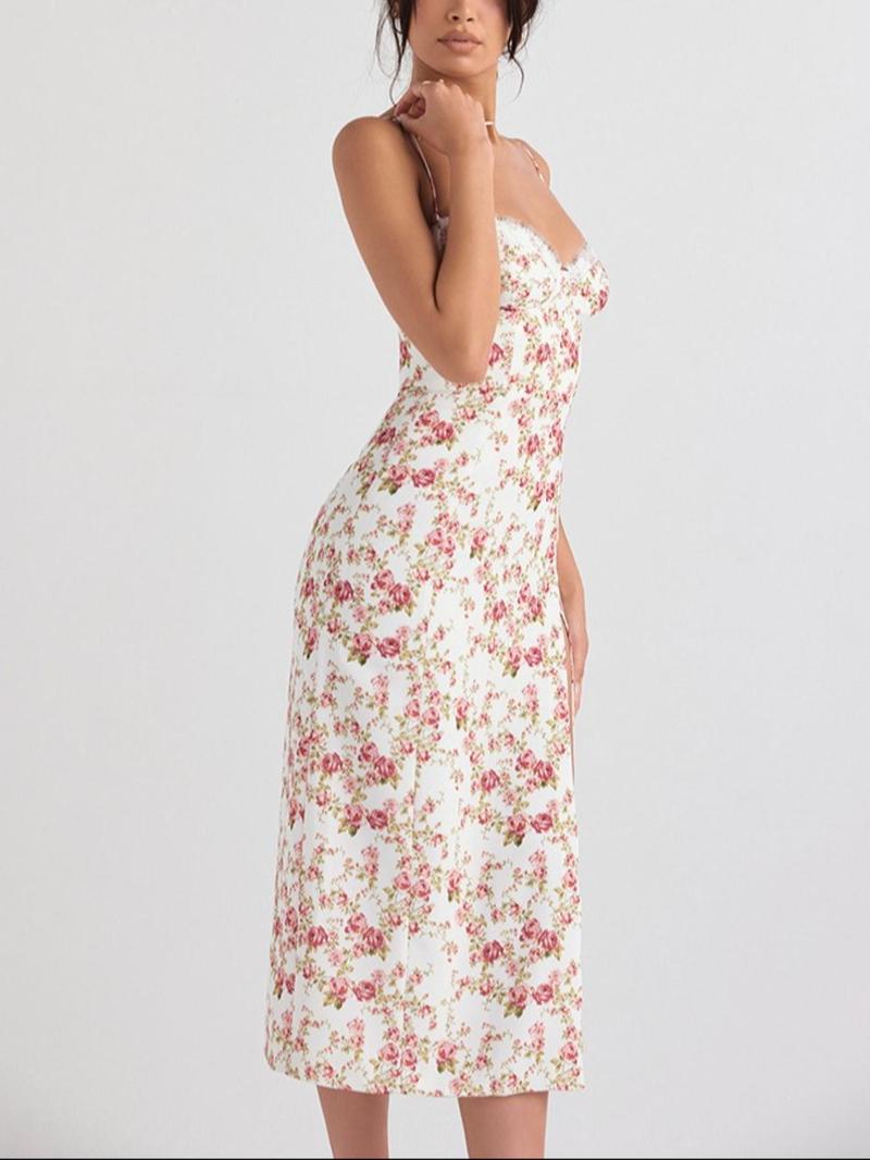Product Introduction of Women's Ditsy Floral Print Contrast Lace Split Thigh Cami Dress, Boho Adjustable Spaghetti Strap Midi Dress for Beach Holiday Vacation, Ladies Summer Clothes 14
