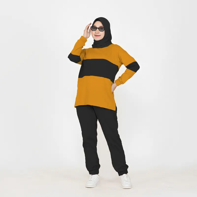 LPM 35756 Setelan Kaos Celana Olahraga Wanita Muslimah Kombinasi Warna SET COMBI Lengan Panjang Bahan Babyterry Size XL-XXXL Baju Kaos Celana Adem 0