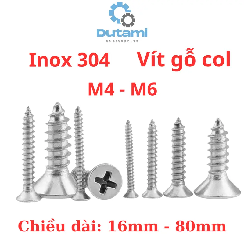 Vít răng thưa bắn gỗ, vít bắt tắc kê inox 304 đầu bằng size M4 M5 M6 8