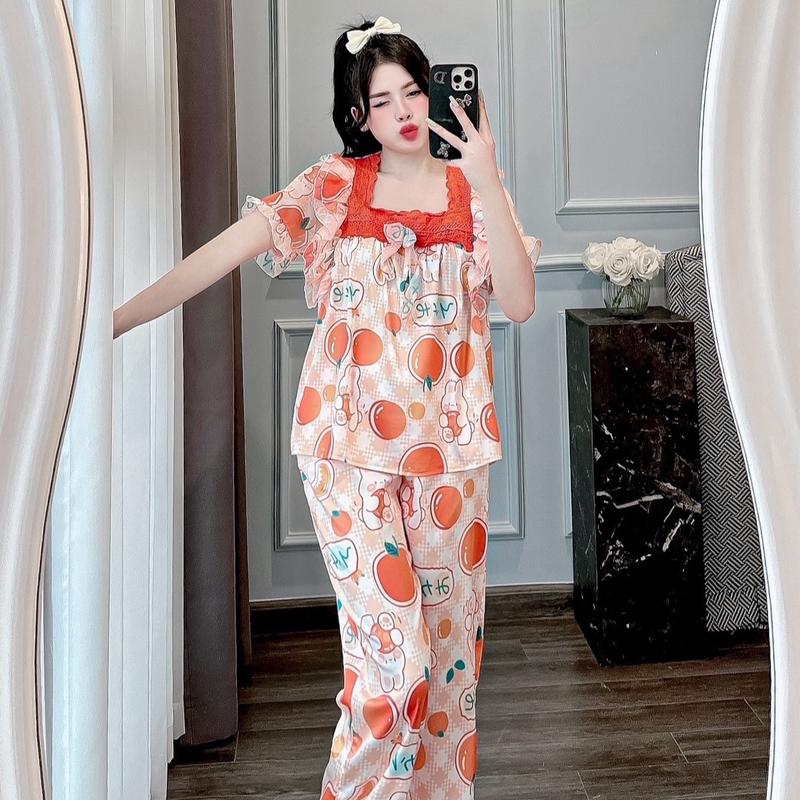 (40-60kg) Pijama tiểu thư tay ngắn cổ vuông phối voan lụa latin Nữ