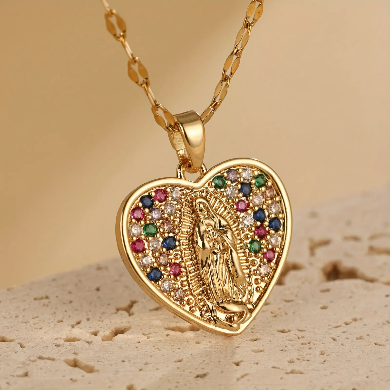 1pc Virgin Mary Heart Pendant Necklace - 18K Golden Plated Stainless ...