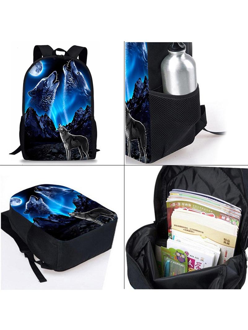 Product Introduction of Wolf Pattern Backpack & Lunch Bag & Pencil Case Set, Casual Versatile Backpack Set for Women & Men, Trendy All-match Bag Set for Daily Use 2