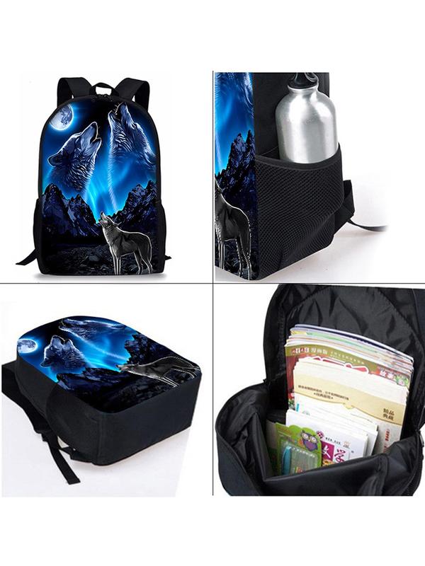 Wolf Pattern Backpack & Lunch Bag & Pencil Case Set, Casual Versatile Backpack Set for Women & Men, Trendy All-match Bag Set for Daily Use 2