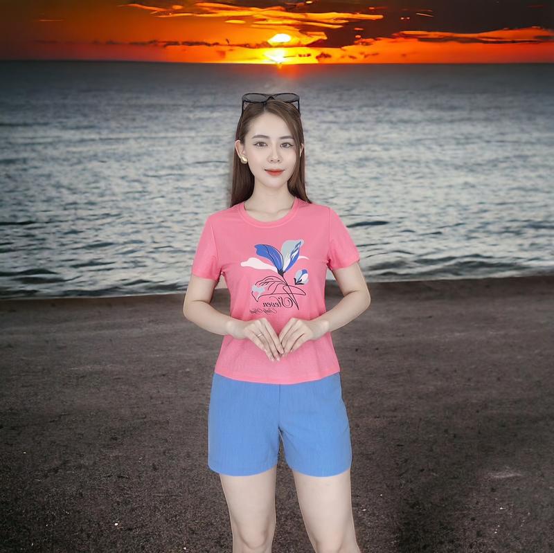 Product Introduction of Bộ in hình bông hoa chất liệu cottong quần vải gìn lụa Nữ Women Sen Áo Hoa Sen Vàng Nhung 5