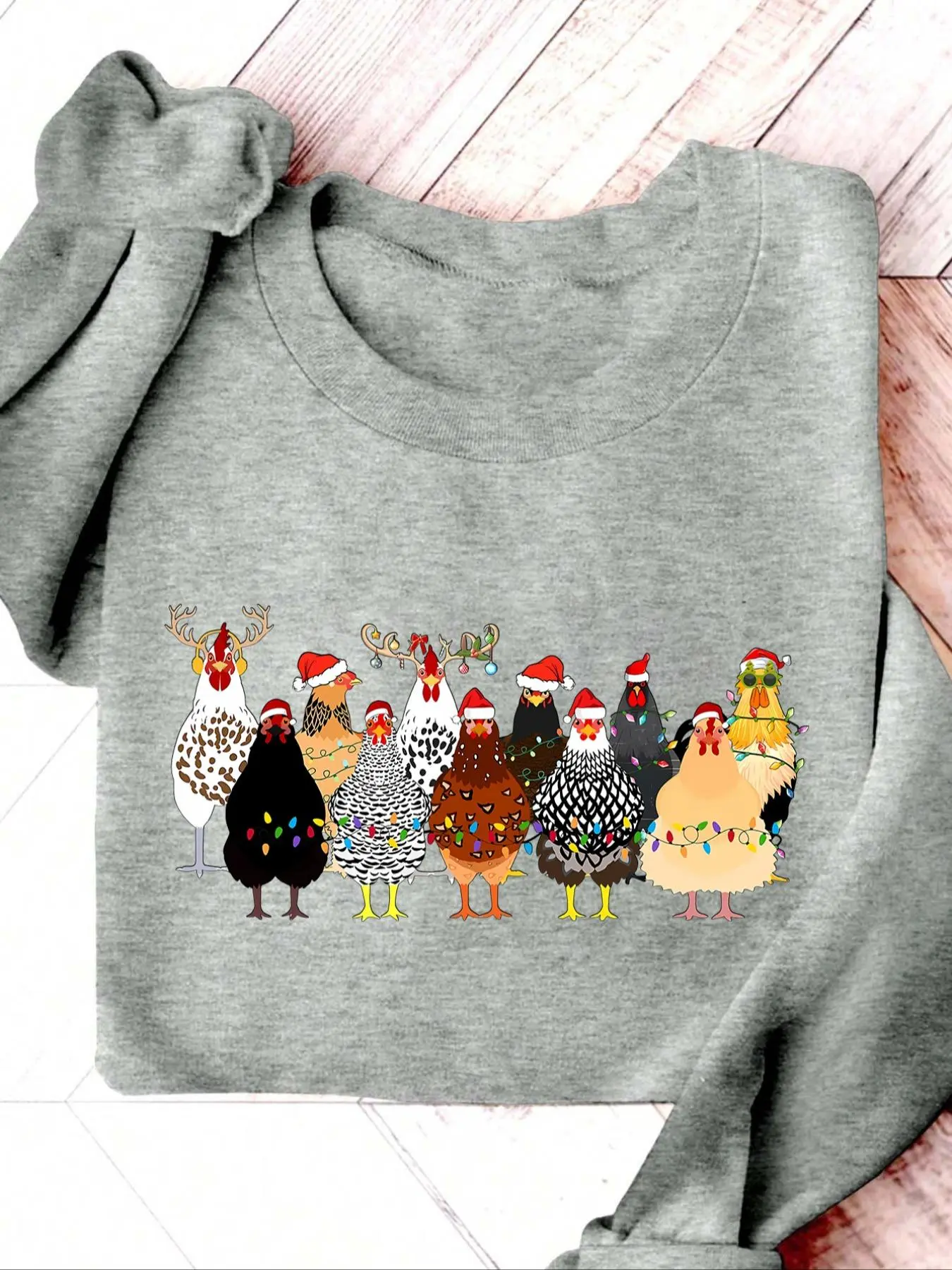 Women's Christmas Farm Chicken Print Crew Neck Pullover, Casual Long Sleeve Sweatshirt for Daily Wear, Ladies Clothes for Fall & Winter