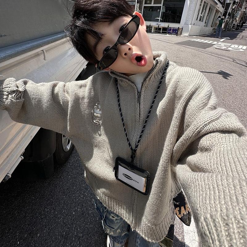 (C4145) Áo khoác len cao cổ kéo khoá phối rách màu be ghi lạnh cho bé trai và bé gái. Áo Len