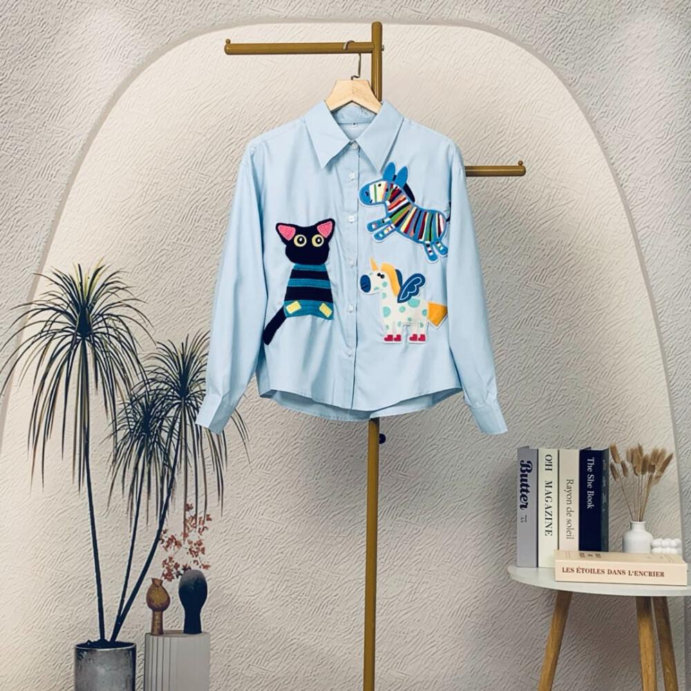 [ready stock]CHICMORE Kemeja Wanita Longgar Lengan Panjang Warna Solid Bordir Motif Lucu