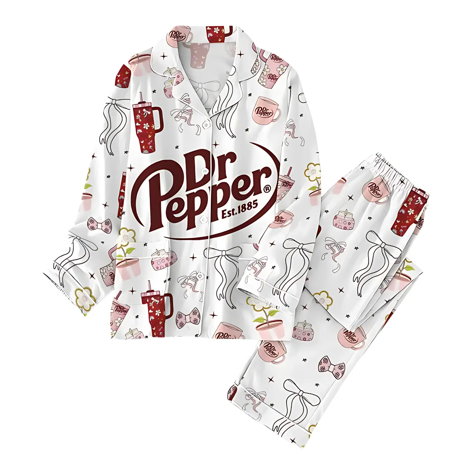 Coquette Dr Pepper Pajamas Set, Logo Drinking Pyjamas Shirt, Est 1885 Women Pjs, Cute Sleepwear, Soda Drink Tee Loungewear, Gift For Her new silk