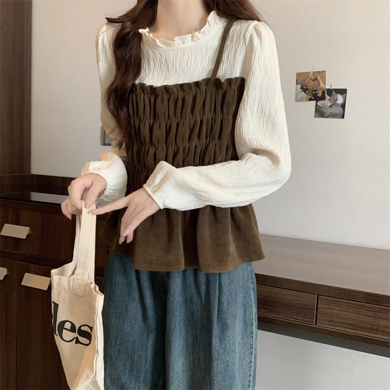 Product Introduction of Áo Sơ Mi Giả Hai Mảnh, Cao Cấp, Phong Cách Pháp, Dành Cho Phụ Nữ, Mùa Xuân Và Mùa Thu, Cô Gái Đầy Đặn, Giấu Eo, Hàng Châu Âu, Áo Sơ Mi ngắn Cho Bé, Áo, Ngoại Cỡ 4