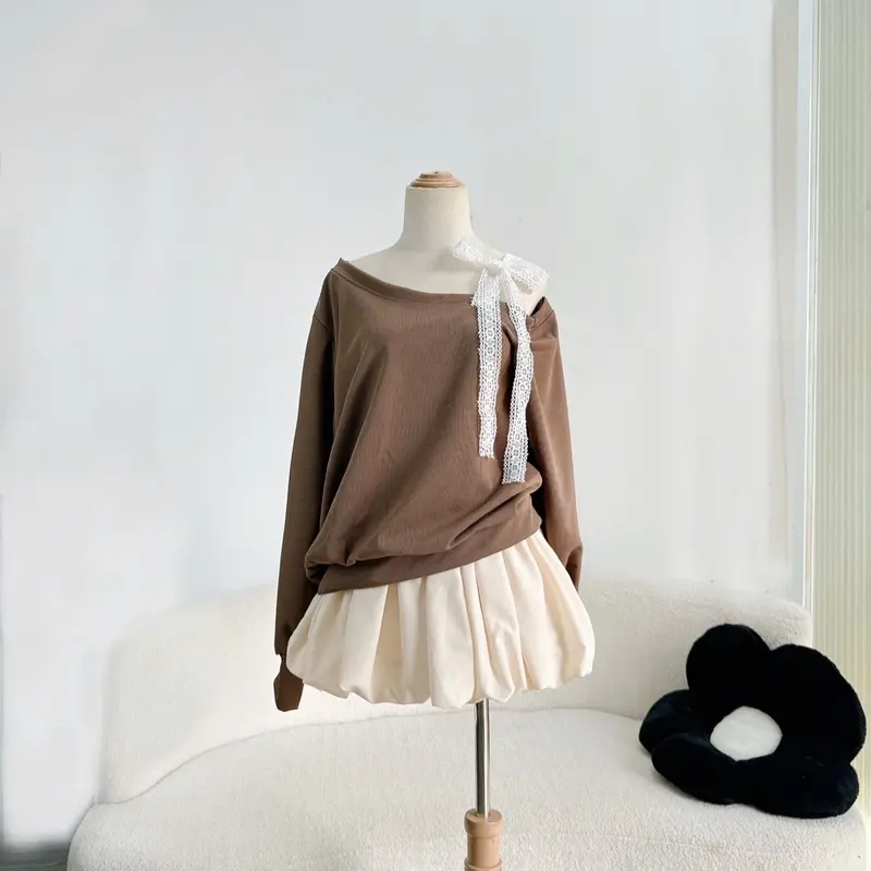 Set Bigsize CÓ LẺ ÁO (Áo + Váy) Áo Sweater Lệch Vai Dây Ren Vai Thun Nỉ Tăm Cao Cấp Phối Chân Váy Bí Ngô Dễ Thương Cho Nữ Chuppy (50-95Kg)-  Top Women 8