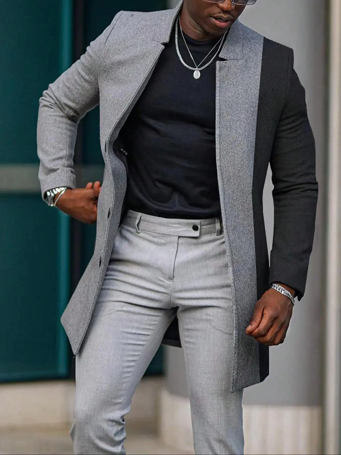 Men's Colorblock Patchwork Button Front Long Coat, Regular Fit Casual Long Sleeve Stand Collar Outerwear for Fall & Winter, Men's Clothes for Daily Wear