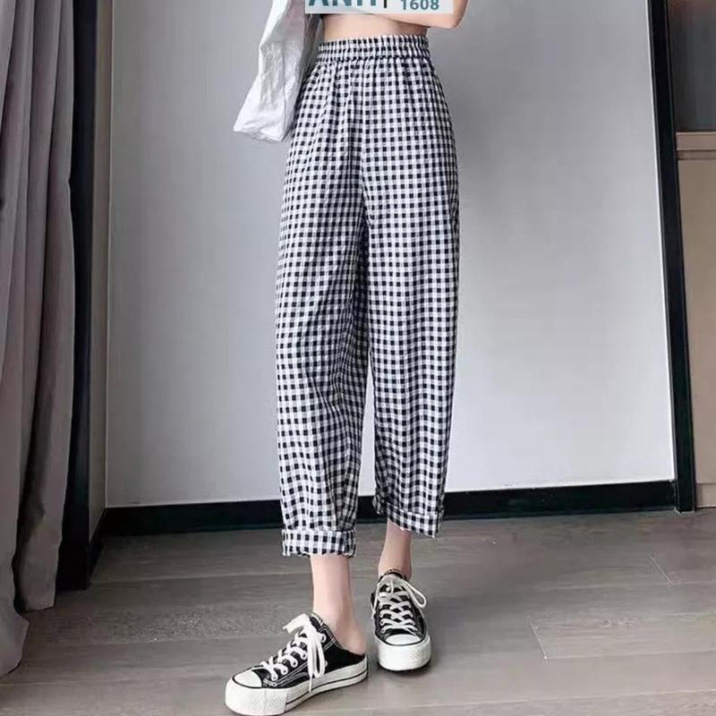 Quần baggy kẻ caro chất đũi mát, mặc ở nhà siêu thoải mái dễ thương Nữ Voi Tim Women Nhung quần  cho nấm lùn quần  thô