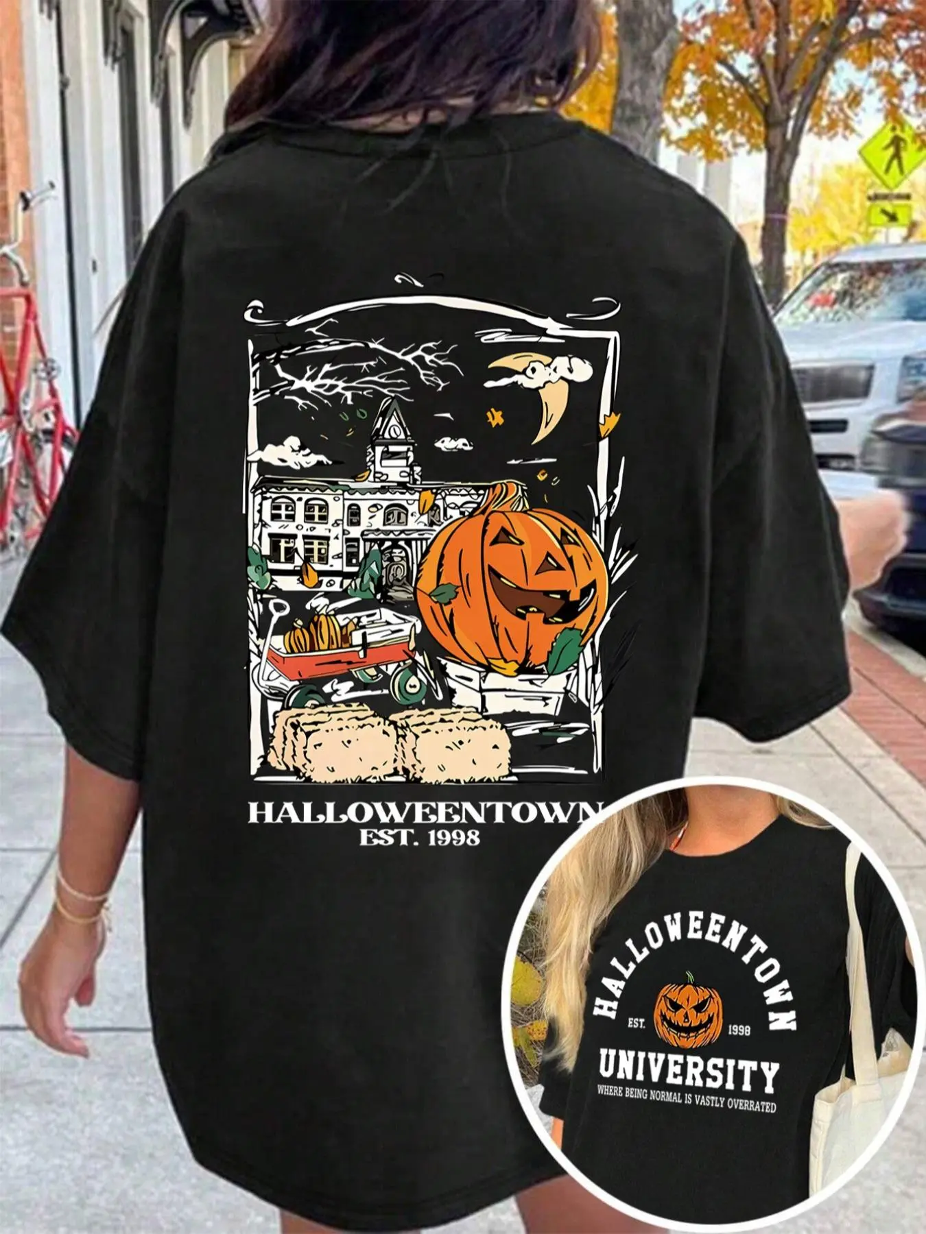 Women's Cartoon Pumpkin & Landscape Print Drop Shoulder Tee, Halloween Themed Casual Half Sleeve Round Neck T-shirt for Daily Holiday Vacation Outdoor Wear, Ladies Clothes for All Seasons