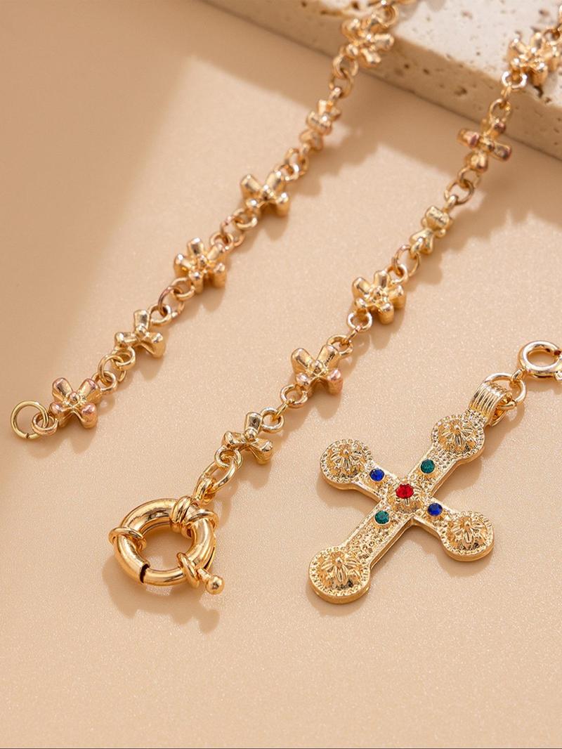 Product Introduction of Punk Style Rhinestone Decorated Cross Pendant Necklace, Fashion Jewelry for Party, Daily Clothing Decor, Trendy All-match & Exquisite Jewelry for Birthday Gift 4