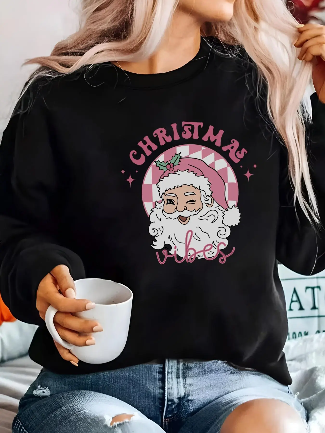 【Plus Size】 Christmas Themed Santa Claus Print Pullover Sweatshirt, Casual Long Sleeve Crew Neck Sweatshirt for Fall & Winter, Women's Clothing for Daily Wear