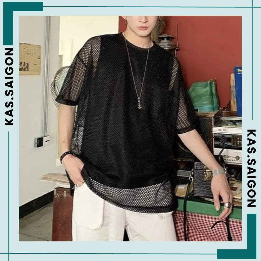 Áo thun lưới nam tay lỡ + Áo thun tanktop - Đen