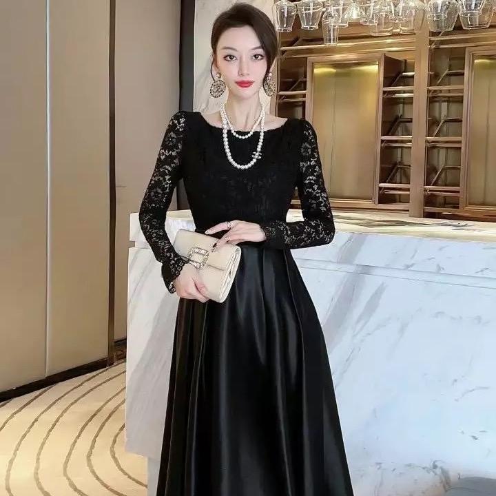 Na Na Shop A52 Đầm váy liền phi lụa phối ren thun mềm mịn Đầm trung niên Nữ Khuy