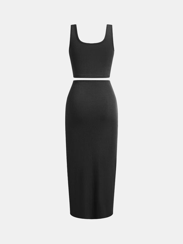 YOZY Solid Ribbed Crop Tank Top & Twist Split Skirt Set, Elegant Square Neck Sleeveless Top & High Waist Bodycon Skirt, 2024 Women's Summer Outfits for Party, Holiday, Vacation 5
