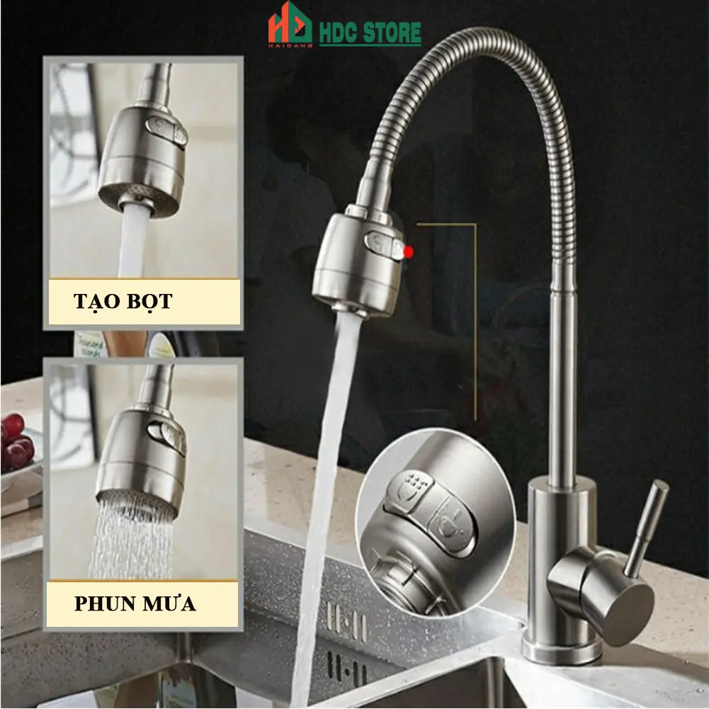 Vòi rửa  bát inox 1 đường lạnh,   xoay 360 độ, 2 đầu phun, inox không gỉ giá rẻ HDC STORE