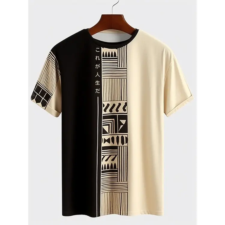 Leisure Fashion Men's Ethnic Geometry Japanese Printed Patch Short Sleeve T-shirt  Menswear Polyester Streetwear Crewneck