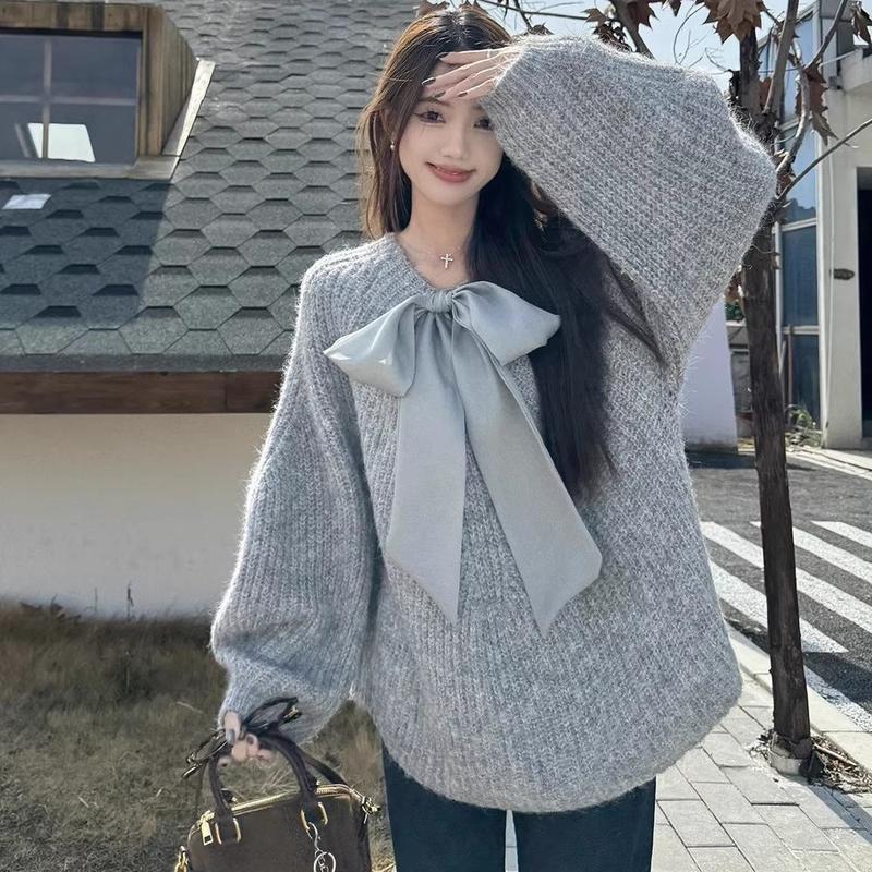 Áo Len Áo Chui Đầu Cổ Thuyền Có Nơ Phong Cách Pháp, Saror, Dành Cho Nữ, Mùa Thu Và Mùa Đông, Mềm Mại Và Nếp, Áo Len Dễ Phối Đồ Dáng Rộng Rãi Và Bó Sát, Trông Trẻ Trung, Hàng Đầu