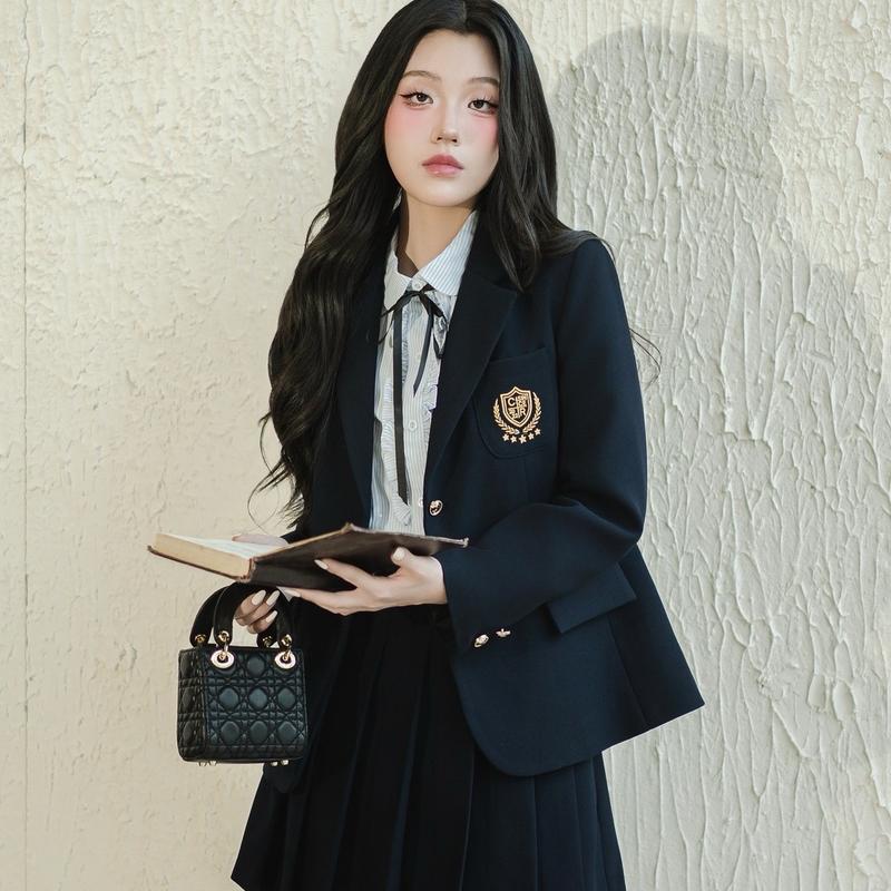 CLARA RUBY- Áo jacket nữ sinh màu Xanh Than + chân váy xếp ly+ Gile+ sơ mi trắng