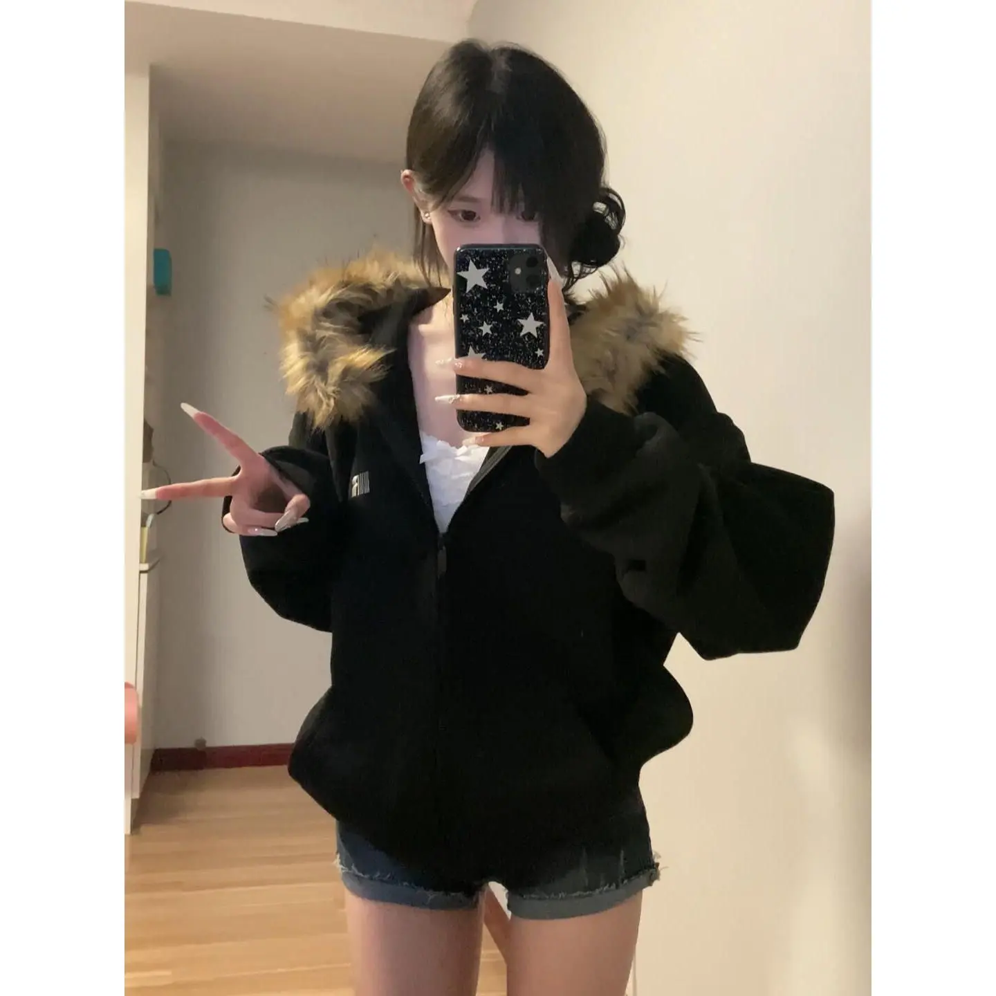 Áo Len Có Mũ, Áo Cardigan Có Khóa Kéo Kiểu Mỹ, Dành Cho Nữ, Phong Cách Instagram, Áo Khoác Nhung, Cổ Điển Có Cổ Lông