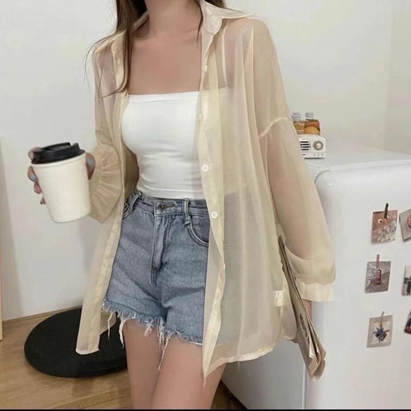 Áo sơ mi mỏng xuyên thấu nhiều màu dáng rộng freesize thời trang nữ Famos 0