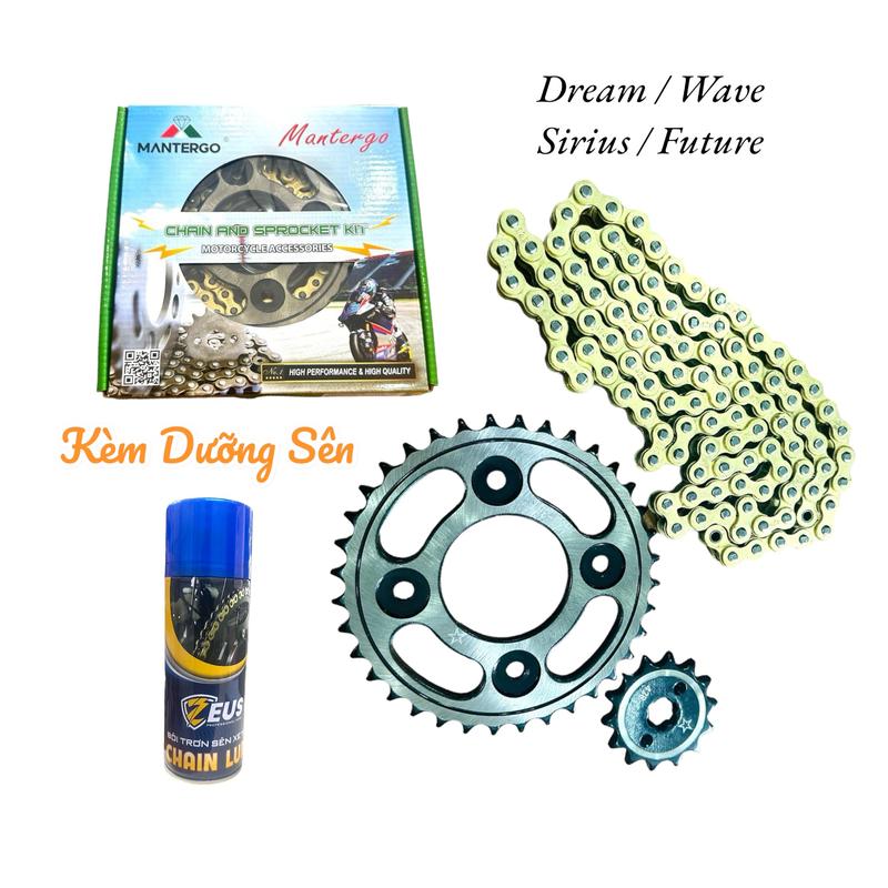 Nhông Sên Dĩa Mantergo Dream Wave Sirius Future Xích Vàng 9 Ly Kèm Chai Dưỡng Sên