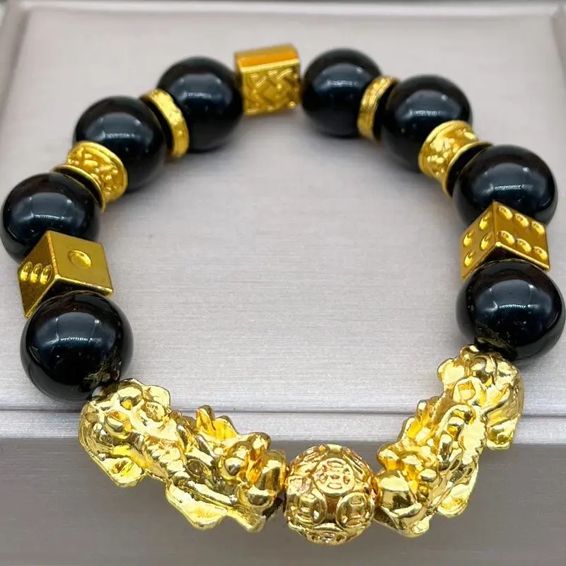Color-Retaining Large Vietnamese Gold-Plated Pixiu Bracelet Imitation Gold Obsidian Six-Word Mantra Buddhist Bead Bracelet