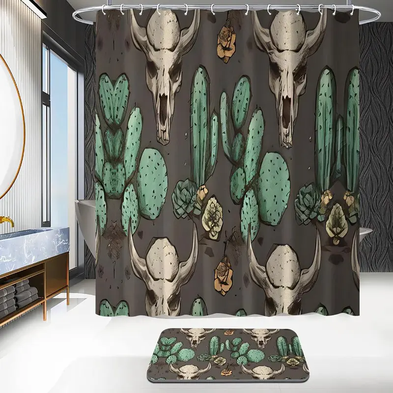 Cactus Skull Pattern Bathroom Set, 1 Shower Curtain with 12 Hooks, 1 Bath Mat, 1 U-shaped Rug, 1 Toilet Lid Cover, Bathroom Decor Supplies 2
