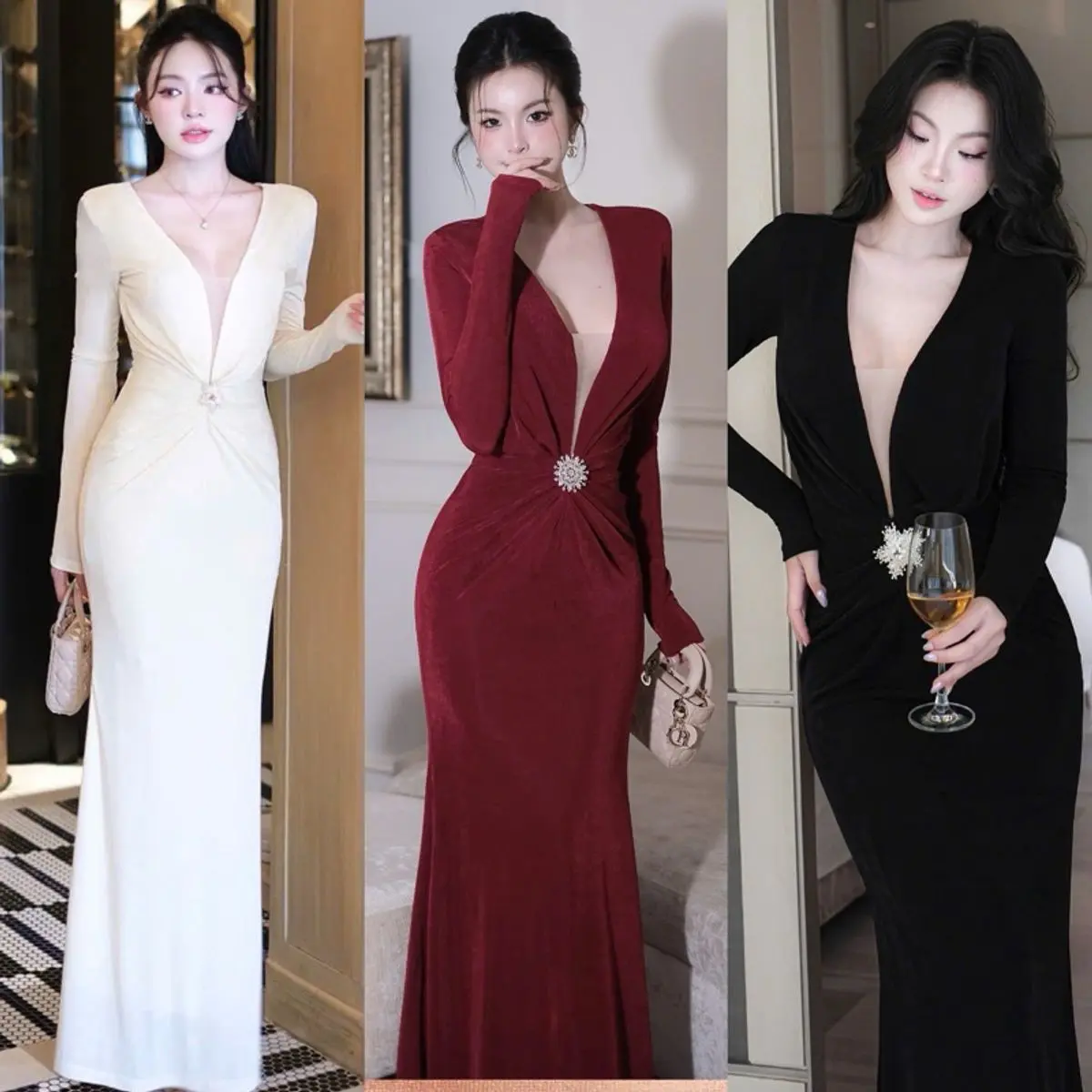 Đầm Body Thun Nhuyễn Cổ V Khoét Sâu Cài Charm Dáng Maxi Đuôi Cá Dài Đi Tiệc Sang Trọng Nữ Dress