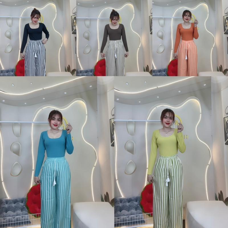 Set bộ nữ cổ vuông Thun dài tay quần xọc dài màu nâu đen bơ cam xanh ngọc kích thước S M L đồ  ủ Áo Voi