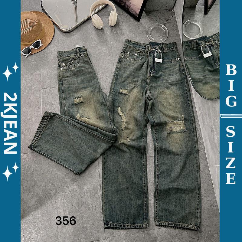 Quần ống suông rộng jean nữ rách Bigsize 55kg-90kg hàng QC, kiểu dáng ống rộng rách tone màu bụi rêu QC356  2KJeans