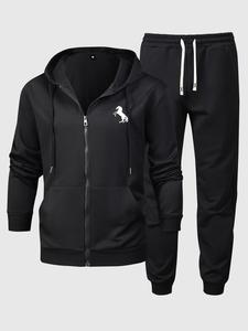 Men's Horse Print Two Piece Set Outfits, Regular Fit Stylish Comfort Zip Up Long Sleeve Hoodie & Plain Drawstring Sweatpants, Men Casual Outfits, Vintage Clothing, Outfit Sets for Men, Autumn Outfits Mens Paris Tracksuit