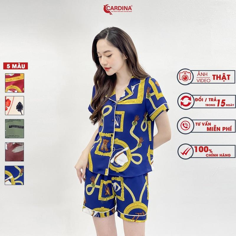 Đồ Bộ Nữ CARDINA Pijama Chất Lụa Mango Cao Cấp Bộ Mặc Nhà Áo Cộc Tay Quần Đùi Họa Tiết  2MF03 Nhung Áo Ngủ Women Nho Quần Ngủ