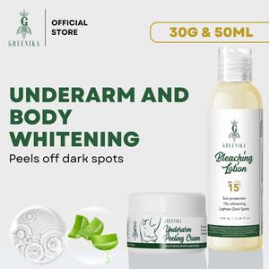 [ 10X WHITENING & PERFECTING BUNDLE ] Greenika 100ML Bleaching Lotion with SPF 15 + 30G Underarm Peeling Cream 10X Skin Whitening Lotion Face and Body Erases Dark Spots and Scars Fast Whitening Lotion Blocks UVA and UVB with Aloe Vera Peels Off Dead Skin