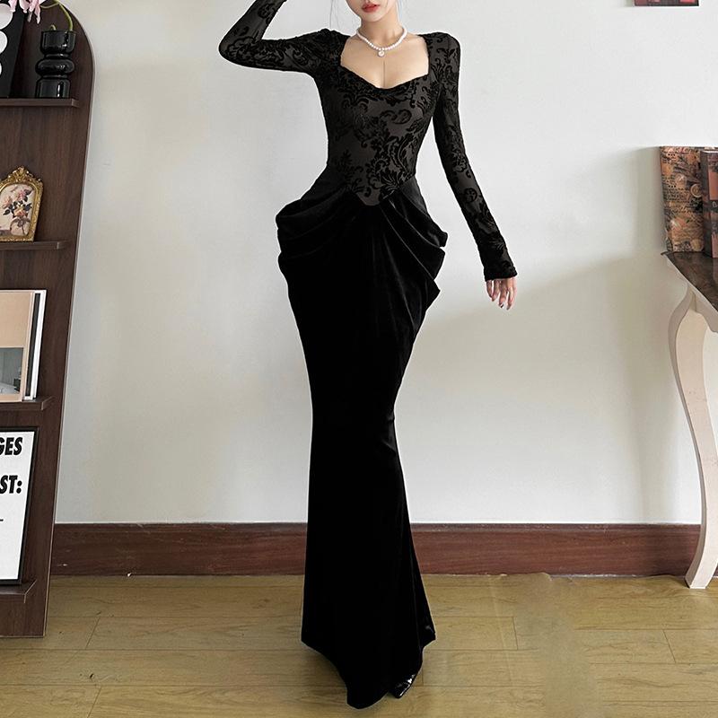 Váy Dài Tay, Phong Cách Âu Mỹ, Bộ Sưu Tập Thu Đông, Quần Áo Nữ Mới, Màu Trơn Mỏng Vừa Vặn, Cạp Cao, Thời Trang Đường Phố, Cổ Vuông, Thiết Kế Xuyên Biên Giới 1