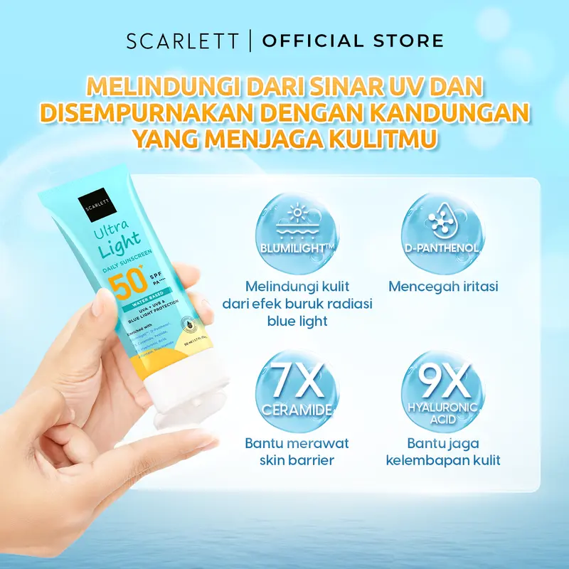 Oily Skin Friendly Scarlett Whitening Ultra Light Daily Sunscreen SPF 50+ PA++++ [Water Based] Meresap 20an Detik (Super Ringan) dengan 7X Ceramide 9X Hyaluronic Acid & No Whitecast Sunblock Wajah 4