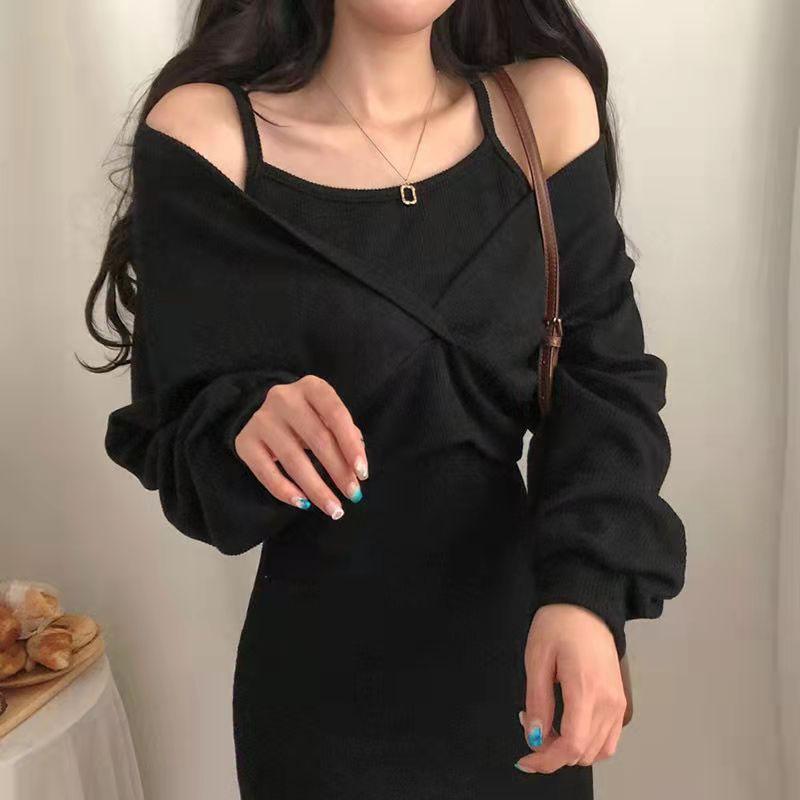 Product Introduction of 2024 Autumn and Winter New French Style Temperament Suspender Skirt + Blouse T-shirt Long Sleeve Suit Female Slim Solid Color Dress Hot Sale 34