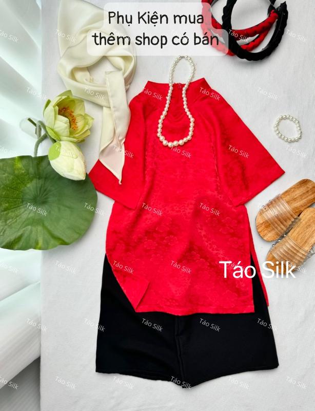Bộ Áo Dài Bé Gái Cổ Trụ Màu Đỏ Vải Gấm Cao Cấp Chỉ Áo, Quần (Ảnh Shop Chụp) 5