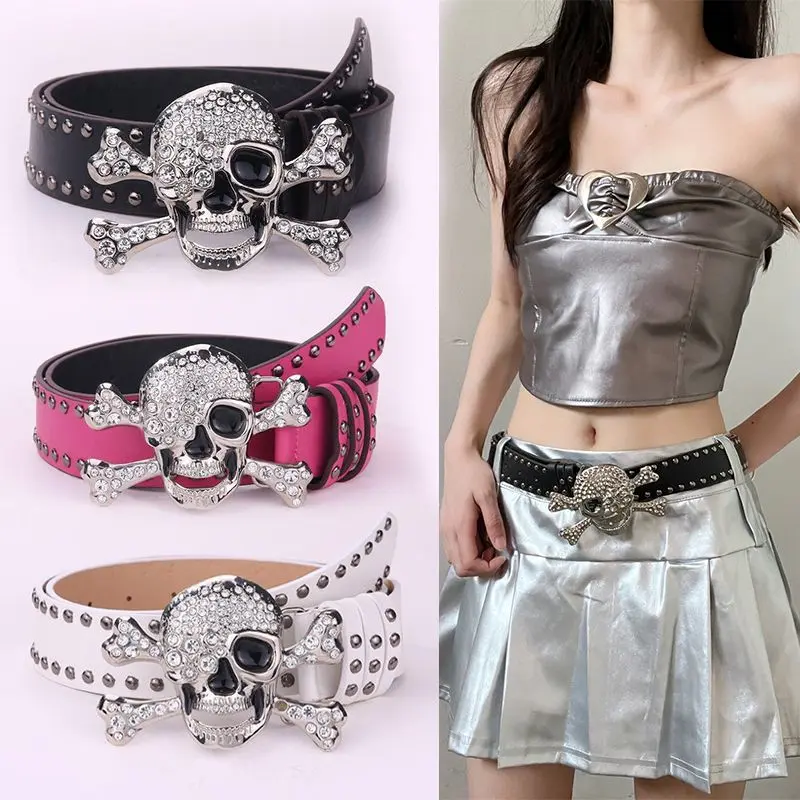 Thắt Lưng Đinh Tán Đầu Lâu Kim Cương Giả Phong Cách Punk Y2K, Đồ Trang Trí Đường Phố Châu Âu Và Mỹ, Thắt Lưng Jean Dễ Phối Đồ Cô Gái Nóng Bỏng dây  lưng nam lv thắt  lưng thắt  lưng  đính  đá  nữ