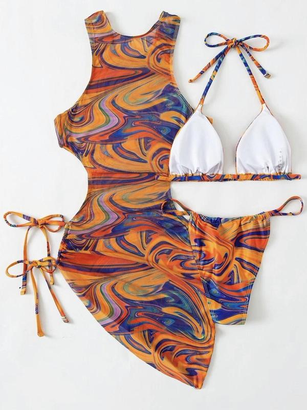 Women's All over Print Cut out Triangle Bikinis for Summer 2024, Drawstring Tie Back Halter Neck High Cut Swimwear Set for Summer, Swimsuit for Beach Holiday 1