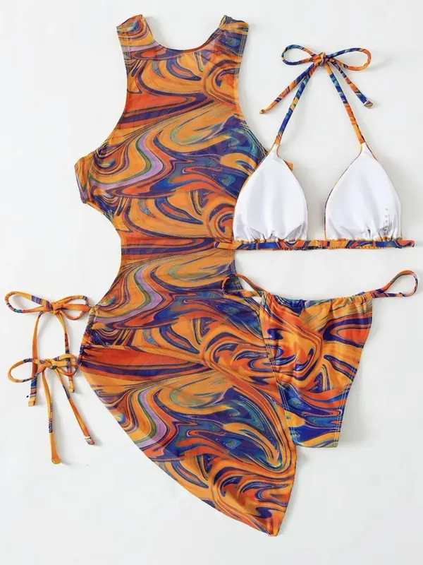 Women's All over Print Cut out Triangle Bikinis for Summer 2024, Drawstring Tie Back Halter Neck High Cut Swimwear Set for Summer, Swimsuit for Beach Holiday 1