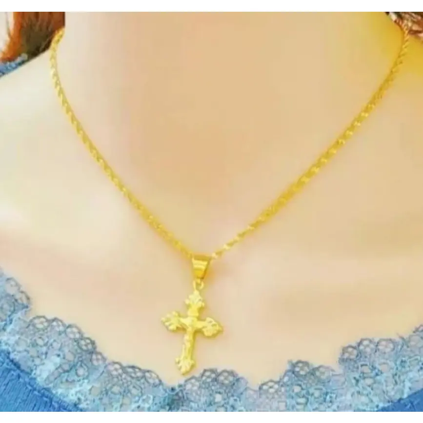 KALUNG WANITA DEWASA MOTIF SALIB BAHAN KOIN LOGAMA LAPIS EMAS 24K ANTI KARAT TIDAK LUNTUR