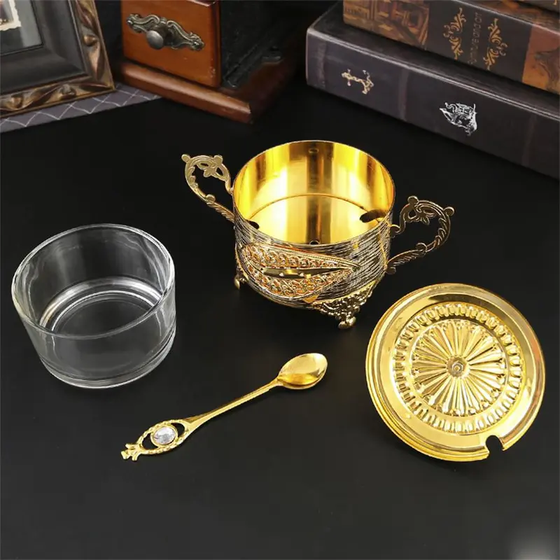 European Style Storage Jar with Lid & Spoon, 1 Count Exquisite Vintage Spice Tea Coffee Sugar Storage Box, Desktop Decoration for Home Kitchen Dining Room, Bottles 5
