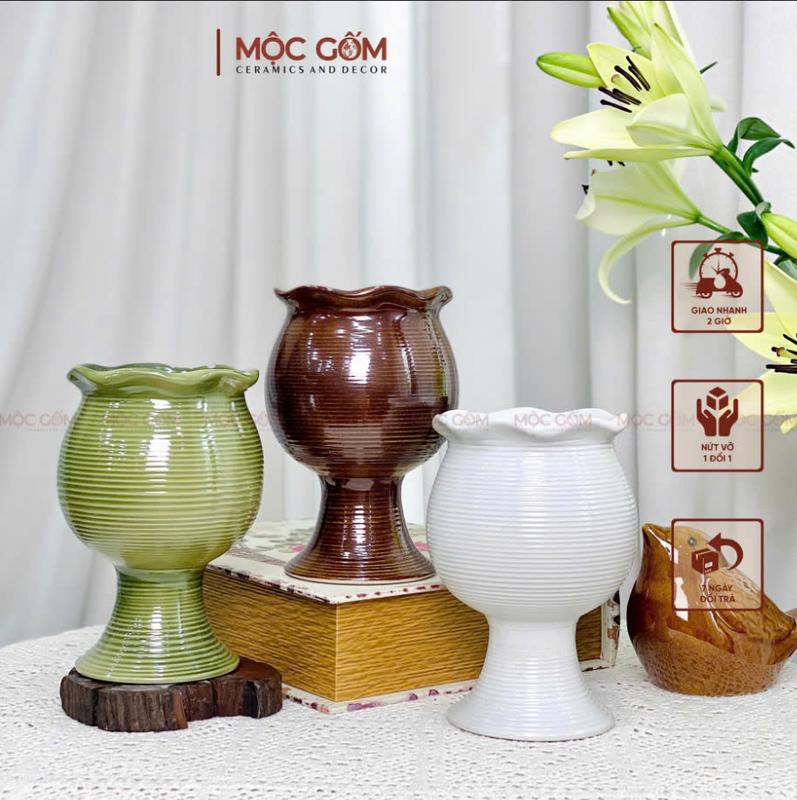 Bình gốm Bát Tràng dáng ly miệng lượn vân ganh hiện đại  cắm hoa trang trí nội thất Mộc Gốm MG359