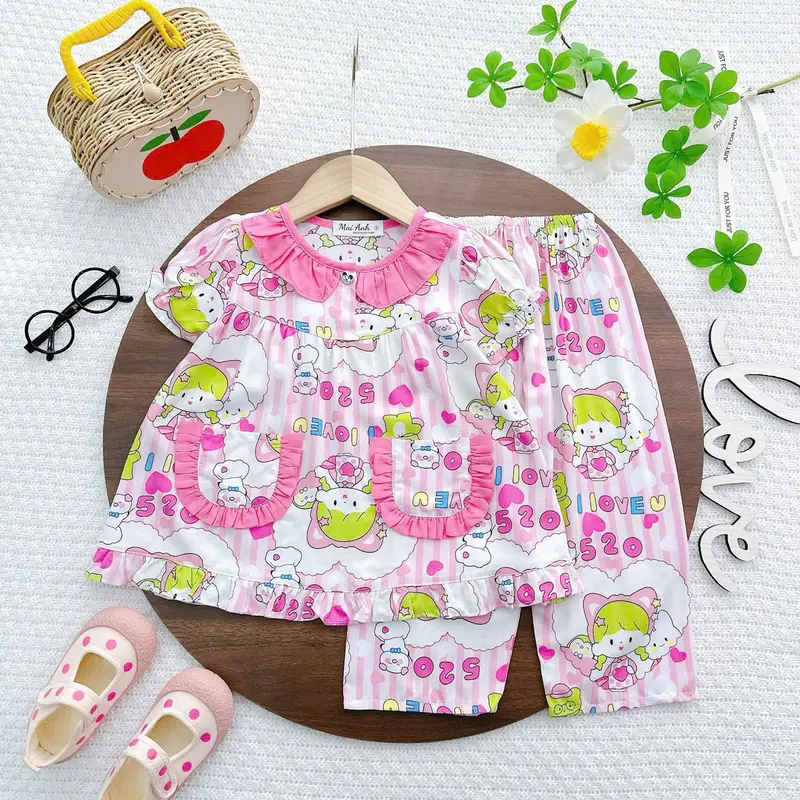[9-42kg] Tay ngắn quần dài bèo màu bé gái, tole/lanh hàng thiết kế, đồ bộ bé gái, đồ dài mặc nhà cho bé siêu xinh, dễ thương đồ ngủ 0
